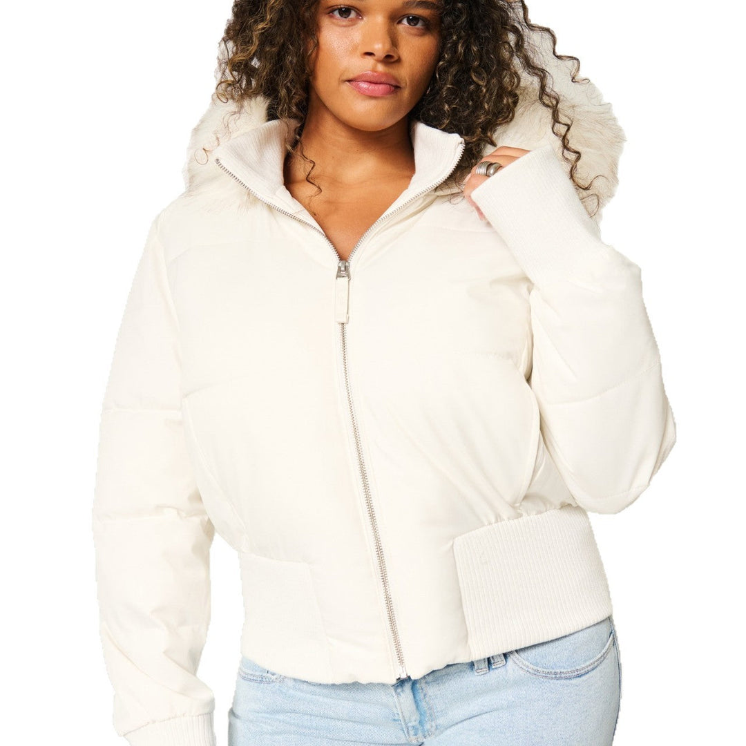 Chic white cropped winter coat for women, boasting a stylish quilted texture and practical removable hood.