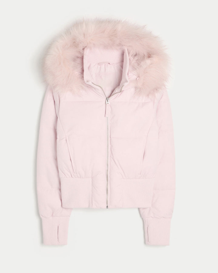 Versatile women's hooded jacket in a cropped quilted style, available in pink, black, and white.