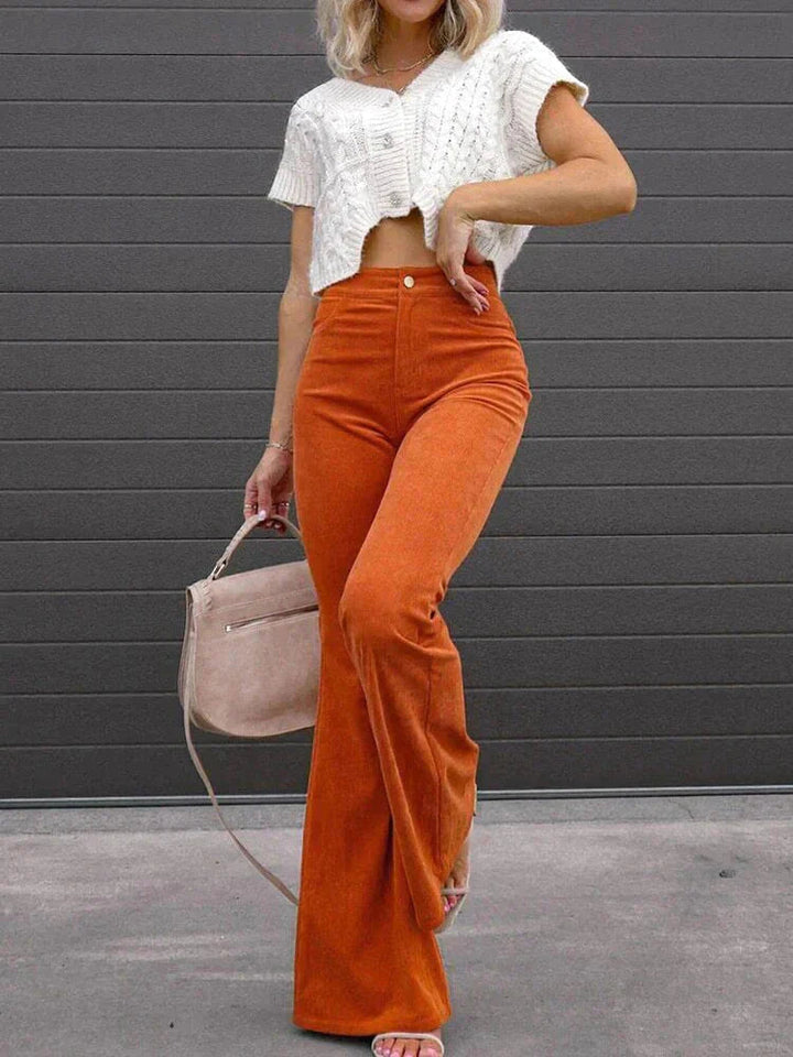 Fashionable women's bell bottom pants, featuring a comfortable flared design for stylish casual outfits.