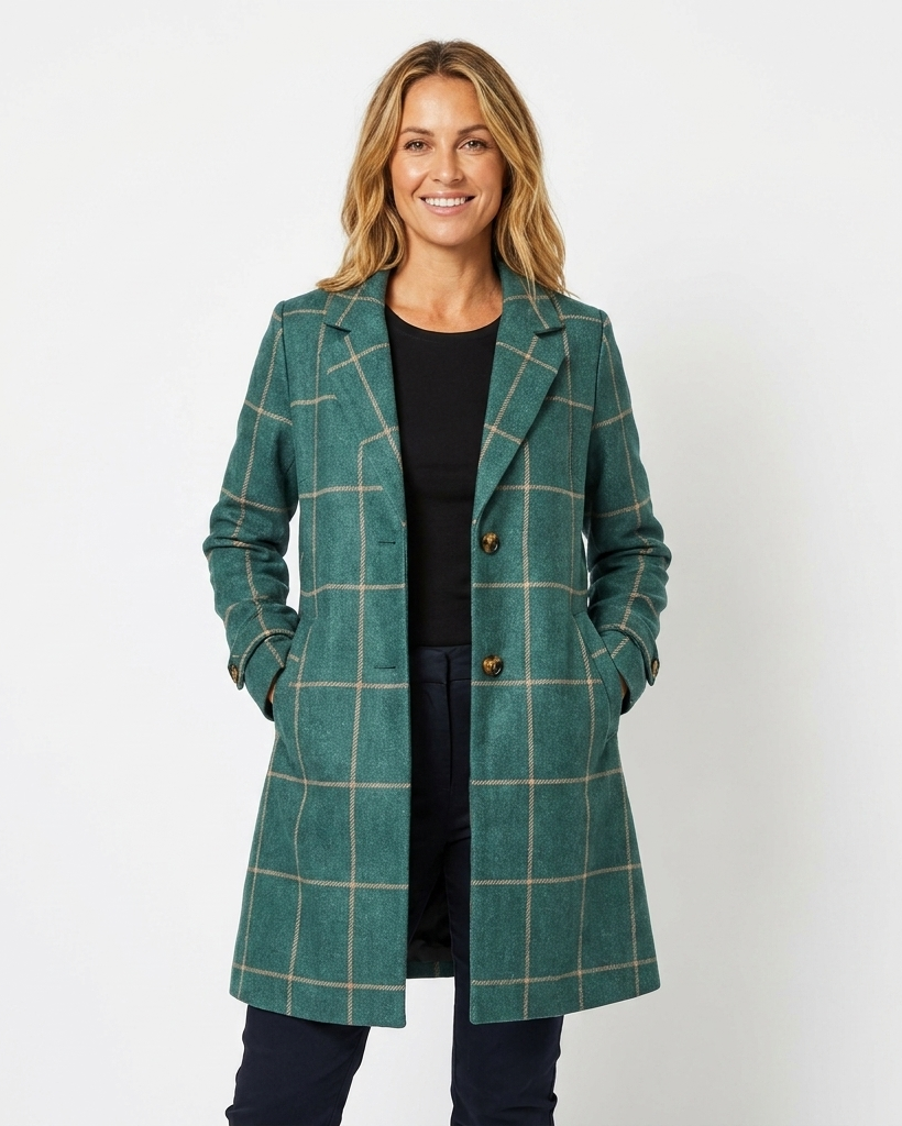 Stylish women's long checkered trench coat with a classic lapel, perfect outerwear for fall and winter fashion.
