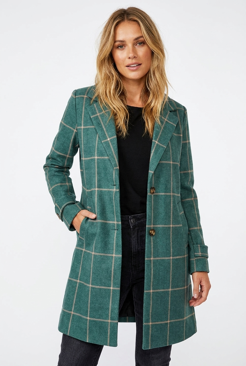 Women's fashionable long checkered trench coat, designed with a stylish lapel for sophisticated fall and winter outerwear.