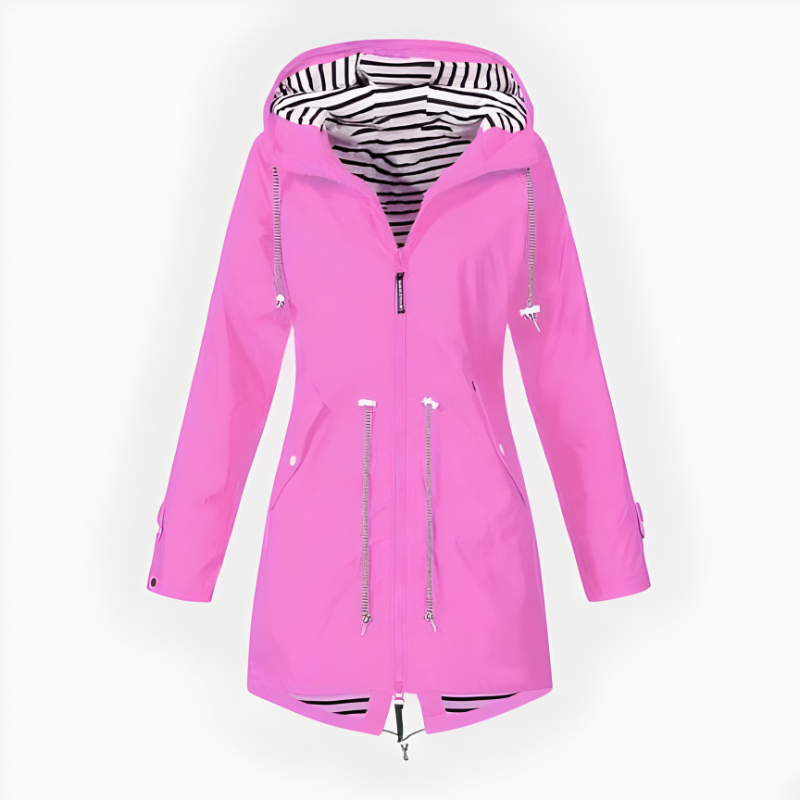 Stylish women's long waterproof hooded rain jacket, windproof for all-weather protection.