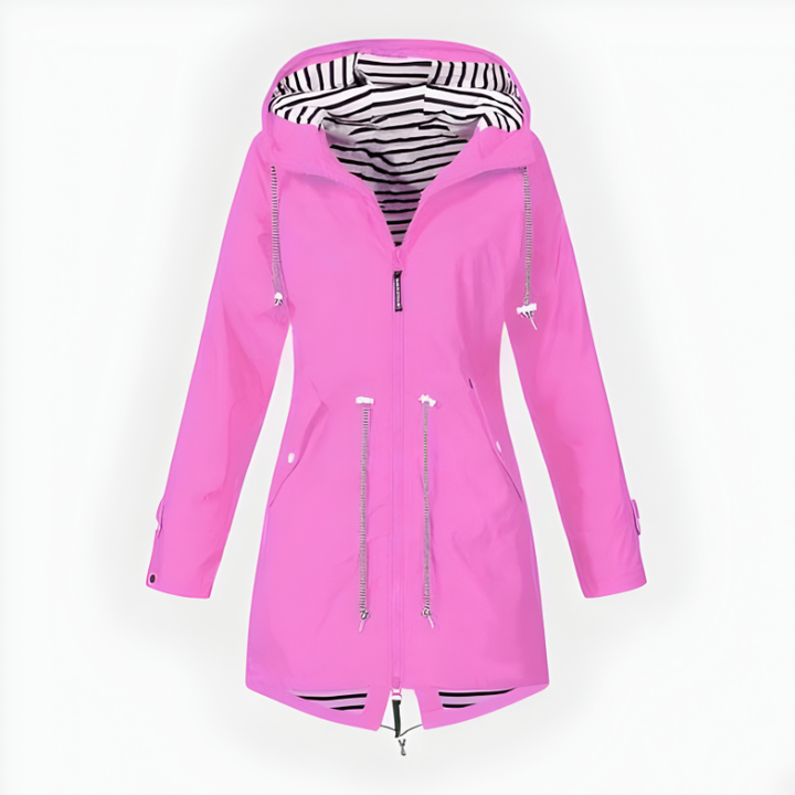 Stylish women's long waterproof hooded rain jacket, windproof for all-weather protection.