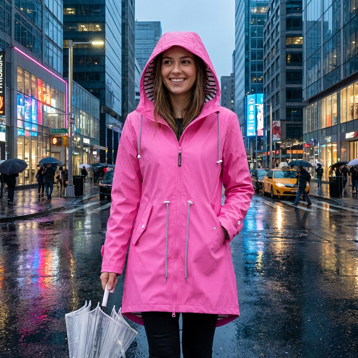 Fashionable women's long rain jacket with hood, offering superior waterproof and windproof features.