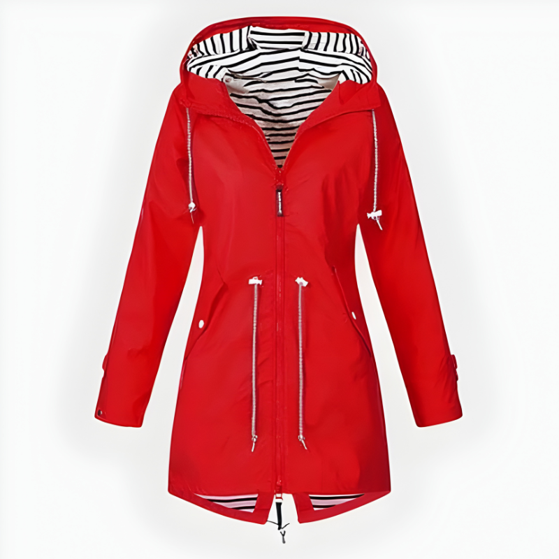 Durable women's waterproof hooded jacket, perfect for staying dry and stylish in windy conditions.
