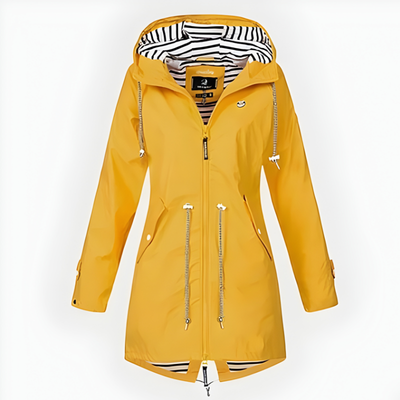 Women's long, windproof rain jacket with a protective hood, designed for outdoor adventures.