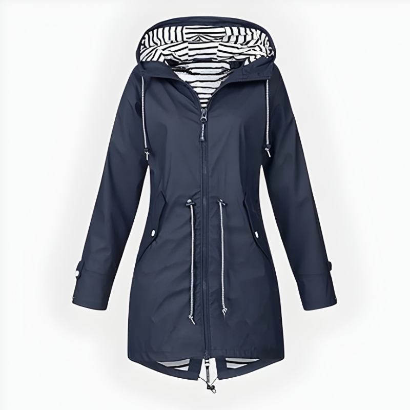 Elegant and functional women's waterproof outerwear, a long hooded jacket for rainy days.