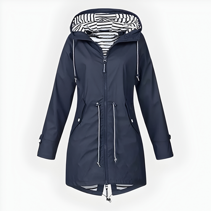 Elegant and functional women's waterproof outerwear, a long hooded jacket for rainy days.