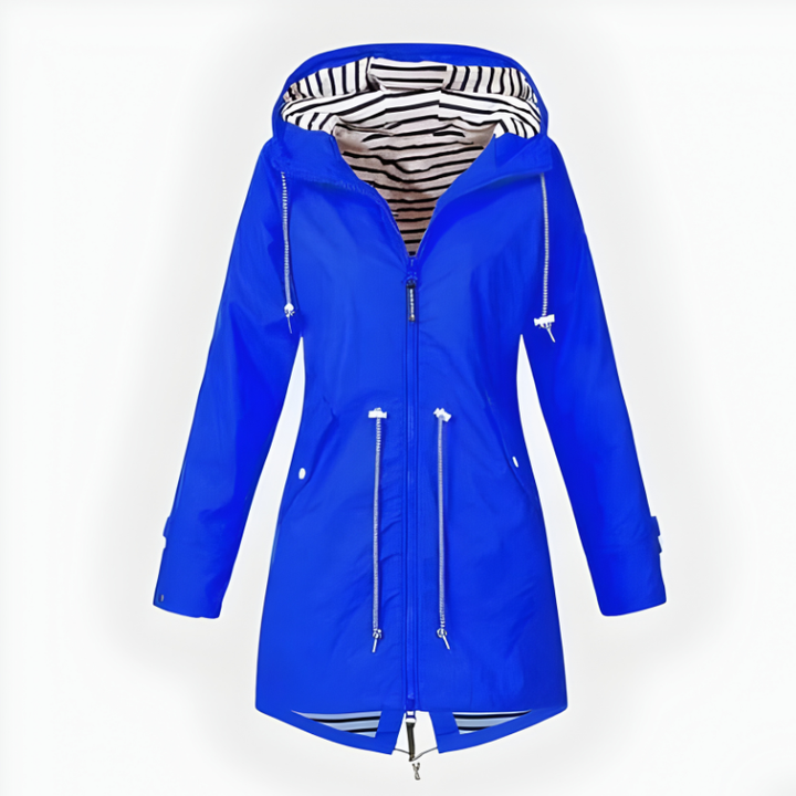 Stay dry in style with this women's long hooded rain jacket, windproof and completely waterproof.