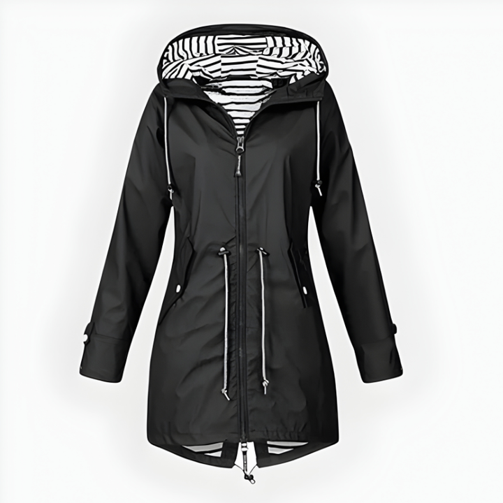 Versatile women's outdoor apparel: a long, hooded, waterproof, and windproof rain jacket.
