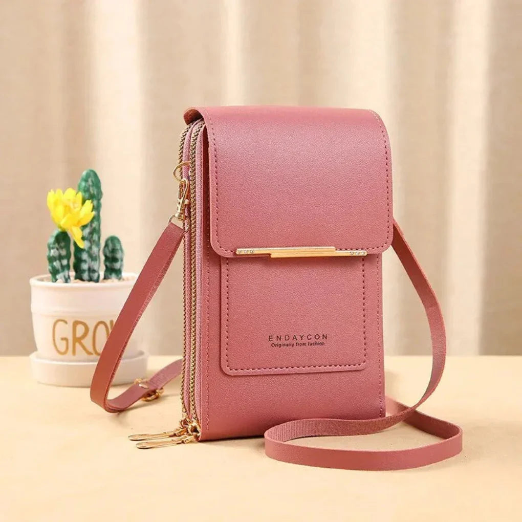 Organized women's shoulder bag with touch screen, ideal for phone, cards & travel. A stylish crossbody.