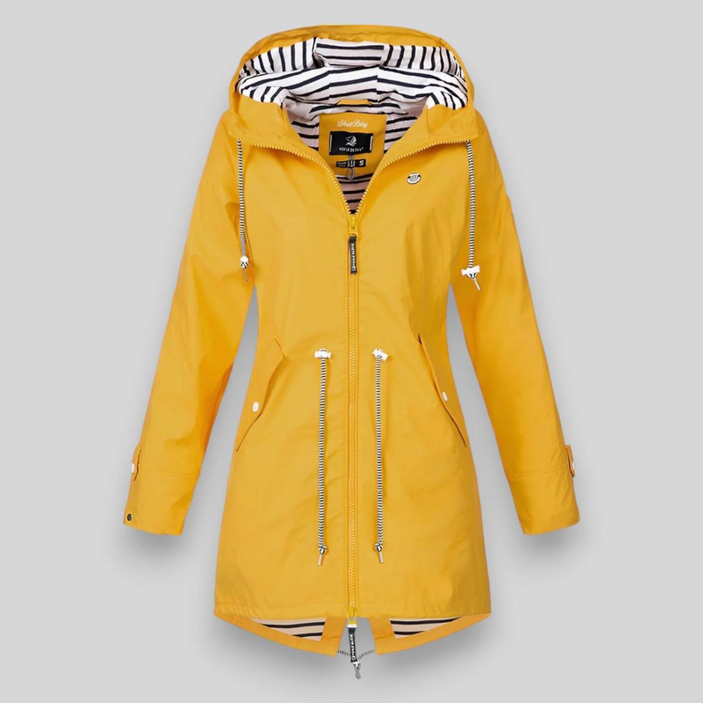 Stylish women's waterproof hooded jacket for all-weather protection.