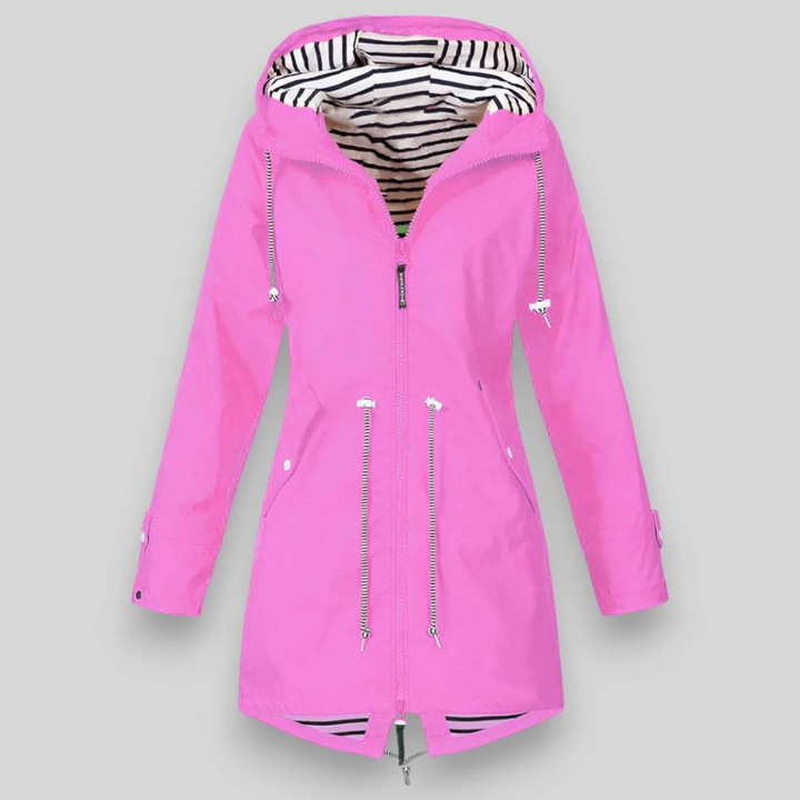 Fashionable women's rain gear, a chic hooded waterproof jacket.