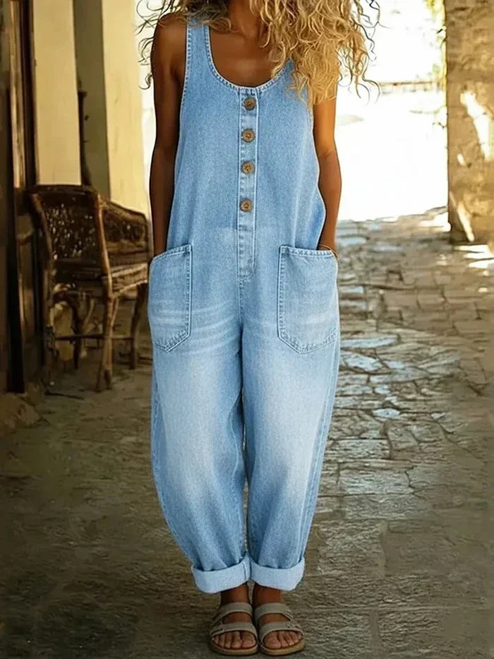 Stylish women's wide leg overalls with button front & practical patch pockets, perfect for casual summer wear.