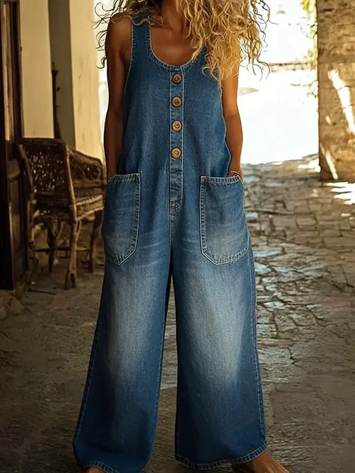Relaxed fit women's wide leg jumpsuit overalls, featuring a button front design for versatile everyday style.