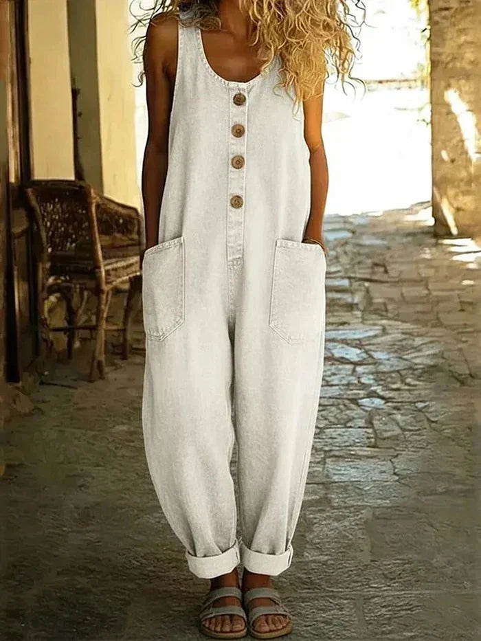 Casual women's wide leg overalls with a chic button-front & functional pockets, ideal for a comfortable summer look.