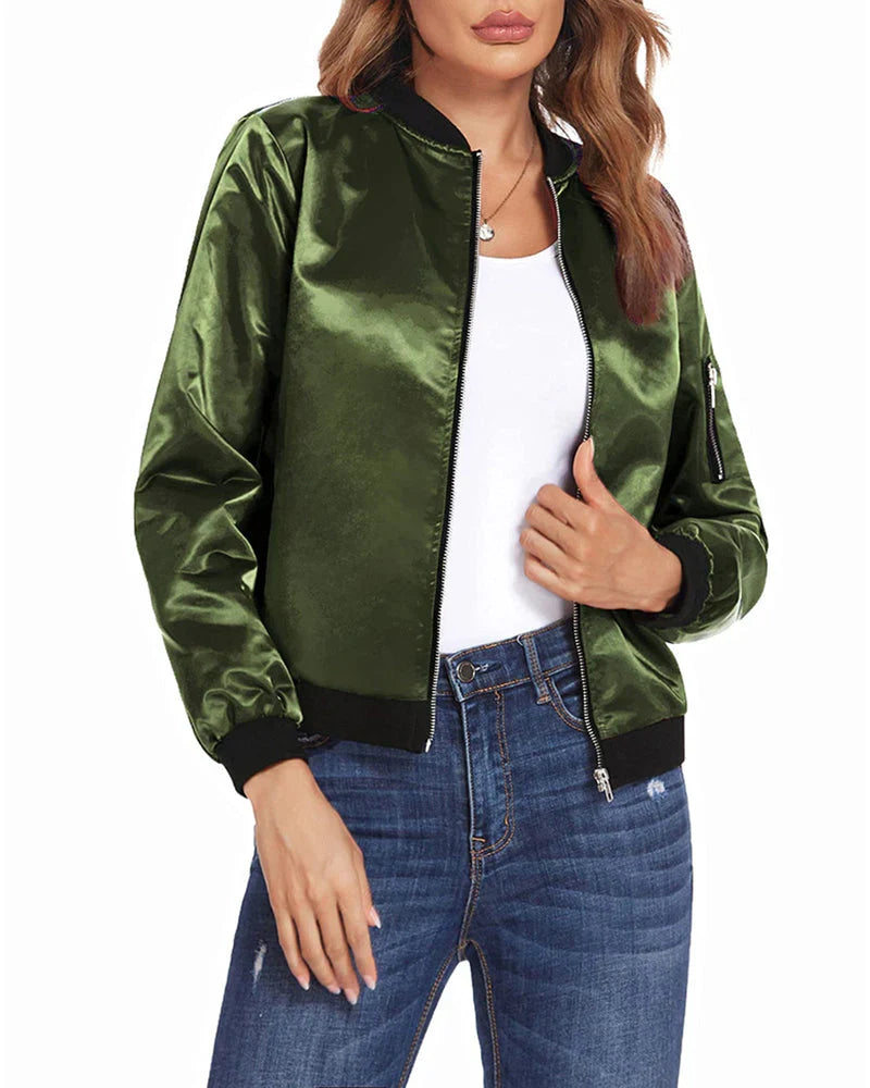 Comfortable women's outerwear, lightweight bomber zipper jacket.
