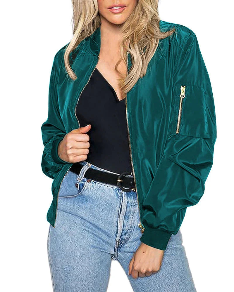 Stylish women's fall jacket, comfortable bomber for cool days.