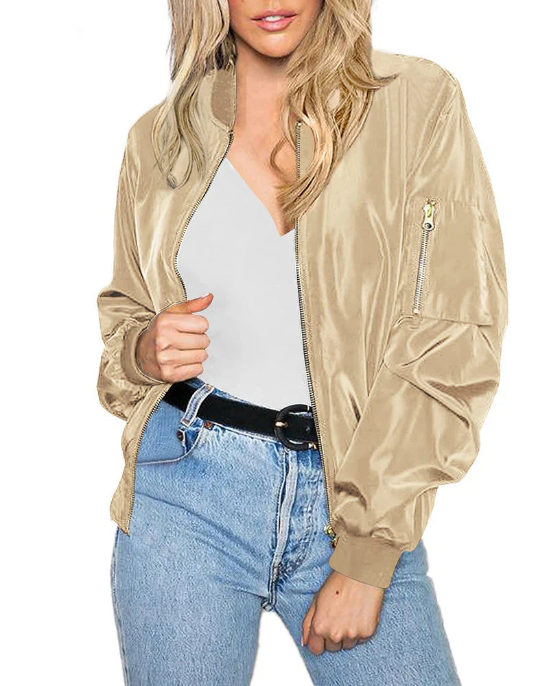 Chic lightweight bomber jacket for women, perfect casual outerwear.