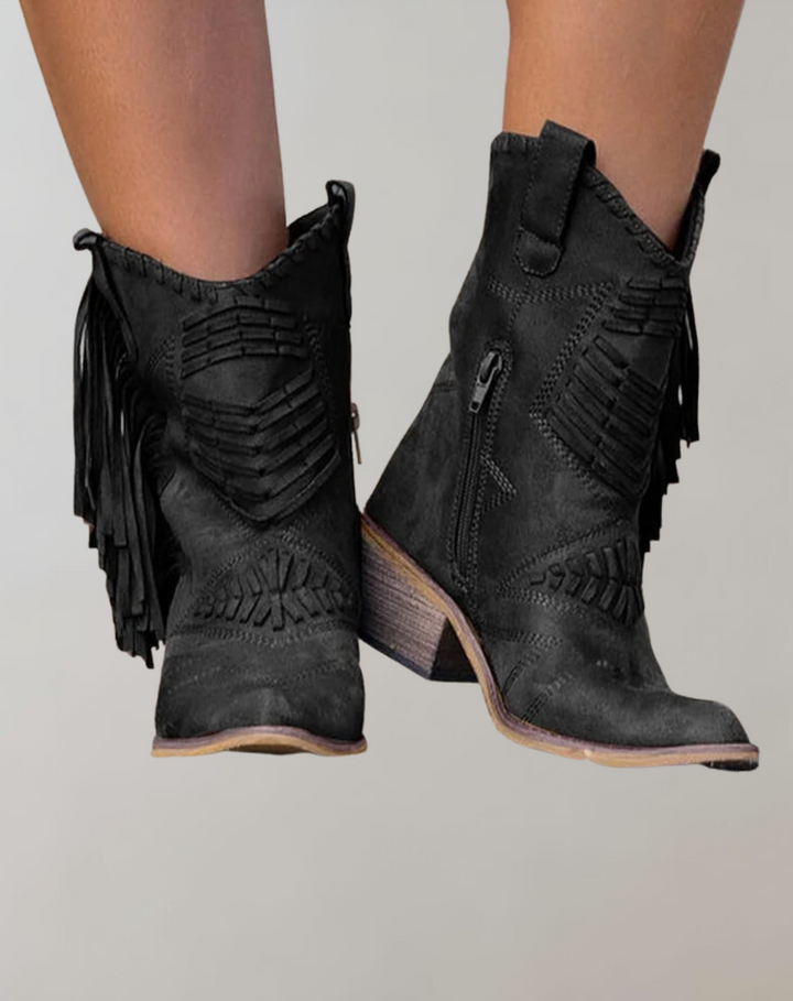 Fashionable women's tasseled ankle boots, ideal for fall & winter. Comfortable and chic everyday casual footwear.