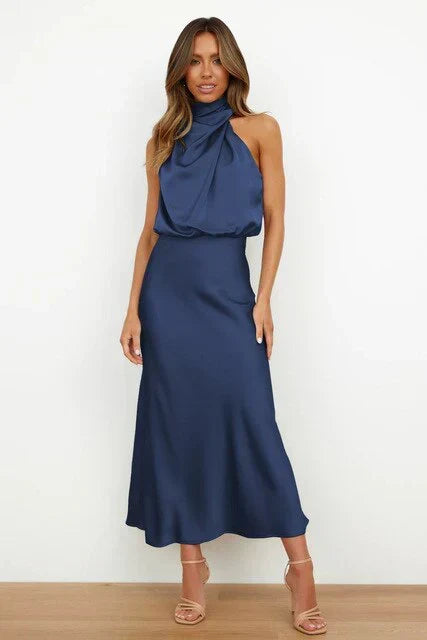 Stylish High Neck Satin Evening Gown. A chic sleeveless dress for women, ideal for summer occasion wear & elegance.