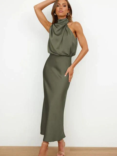 Sophisticated Women's High Neck Summer Dress. Chic sleeveless satin gown, ideal for evening events & wedding guests.