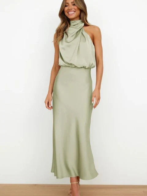 Women's Formal High Neck Satin Dress. Elegant sleeveless evening wear, ideal for summer parties & special occasions.