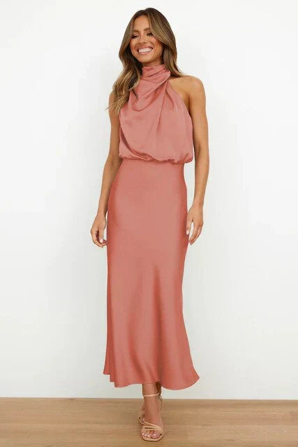Flowy Long High Neck Satin Dress. Elegant sleeveless evening wear, perfect for summer cocktail parties & formal events.