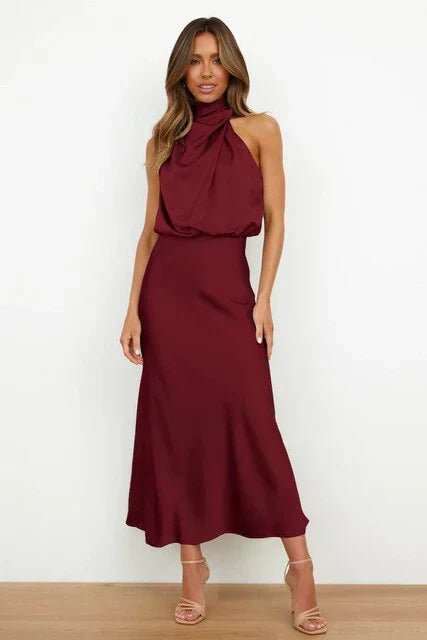 Luxury High Neck Sleeveless Summer Dress. Flowy satin formal gown, perfect for wedding guests & evening events.