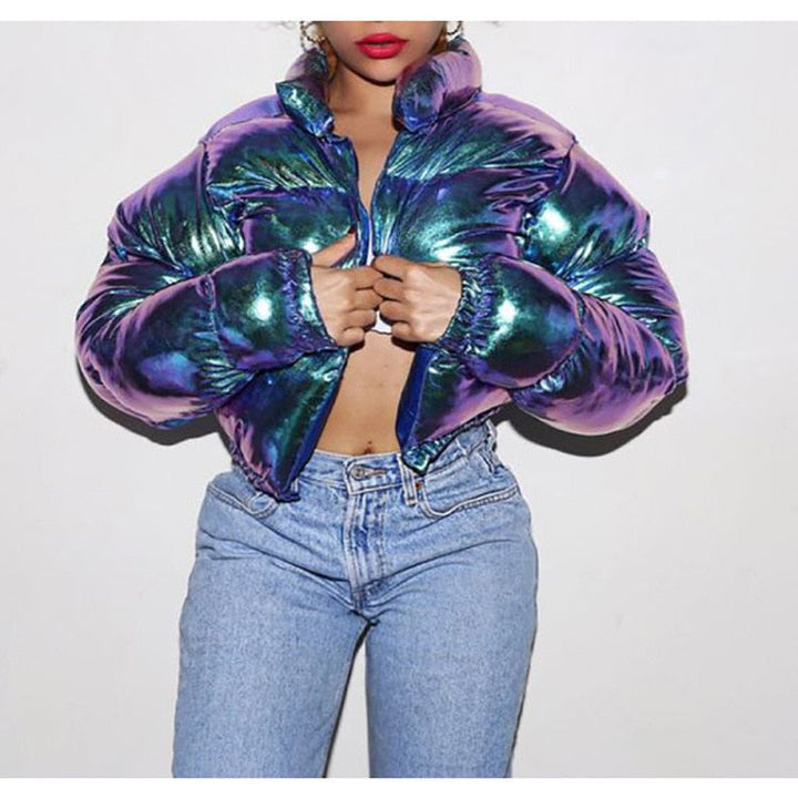 Women's stylish puffer bomber jacket. Warm, trendy winter coat outerwear.