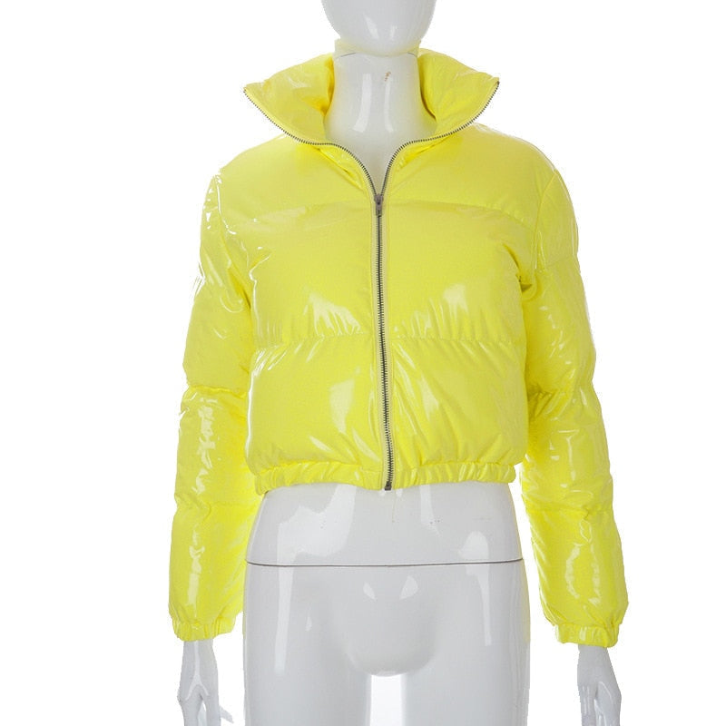 Women's warm puffer bomber jacket. Stylish winter coat, casual outerwear.