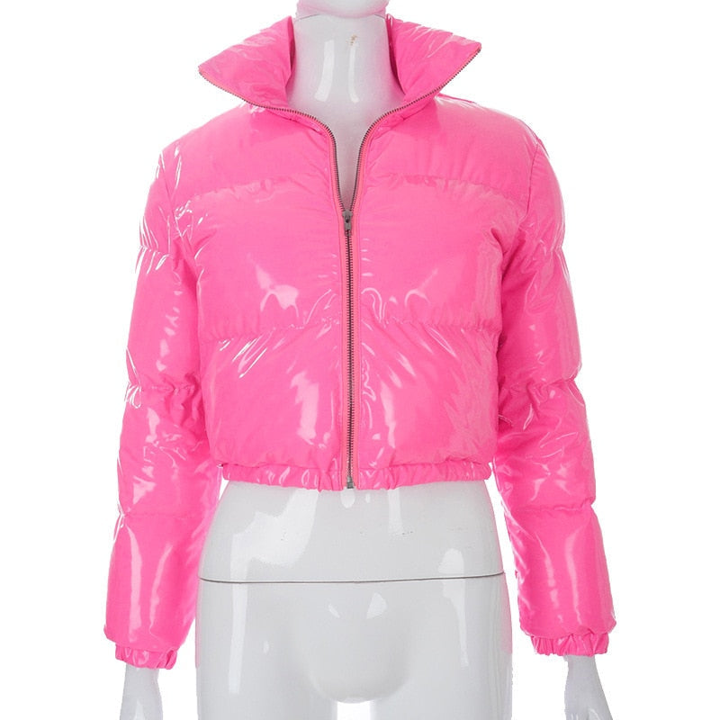 Fashion-forward women's puffer bomber jacket. Warm & trendy winter coat.