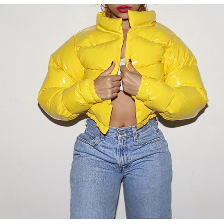 Chic women's puffer bomber jacket. Warm winter outerwear, stylish & casual.