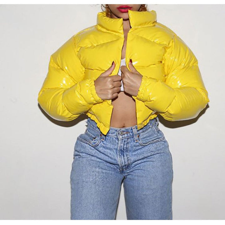 Chic women's puffer bomber jacket. Warm winter outerwear, stylish & casual.