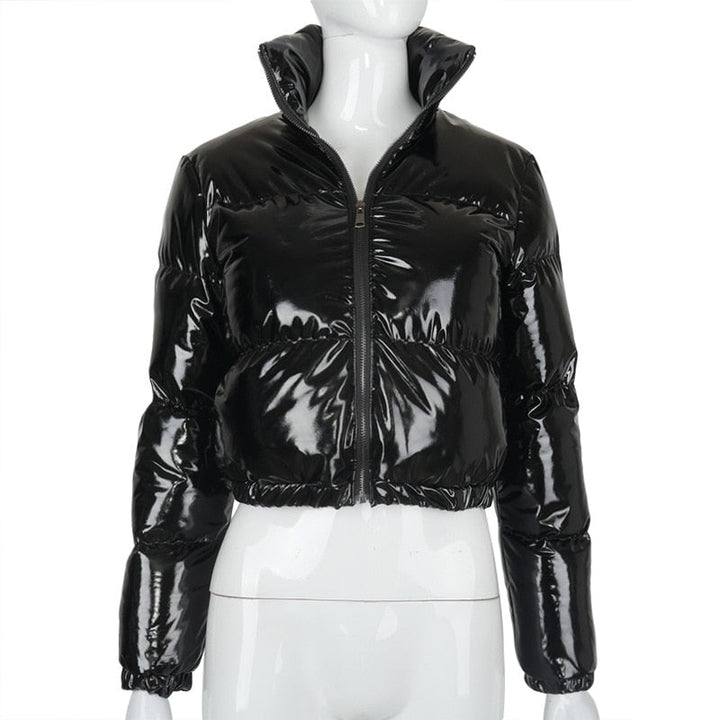 Modern women's puffer bomber jacket. Trendy winter coat, warm & fashionable.