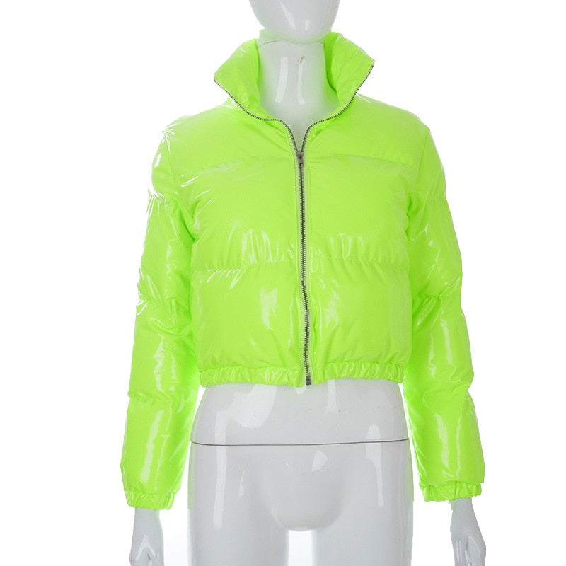 Elegant women's puffer bomber jacket. Warm winter outerwear, stylish fashion.