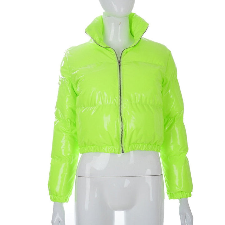 Elegant women's puffer bomber jacket. Warm winter outerwear, stylish fashion.