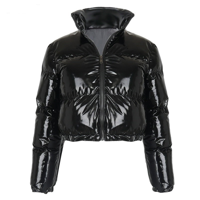 Versatile women's puffer bomber jacket. Warm winter coat for everyday style.