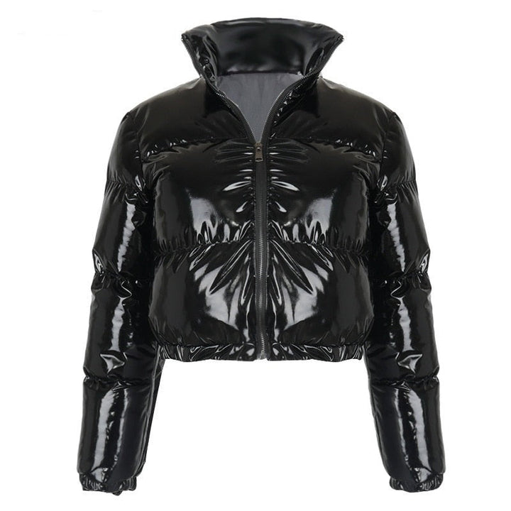 Versatile women's puffer bomber jacket. Warm winter coat for everyday style.