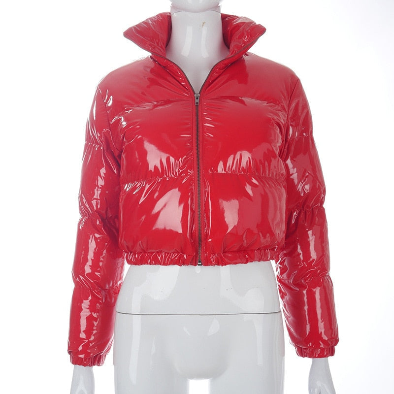 Purple women's trendy puffer bomber jacket. Stylish winter coat, warm fashion.