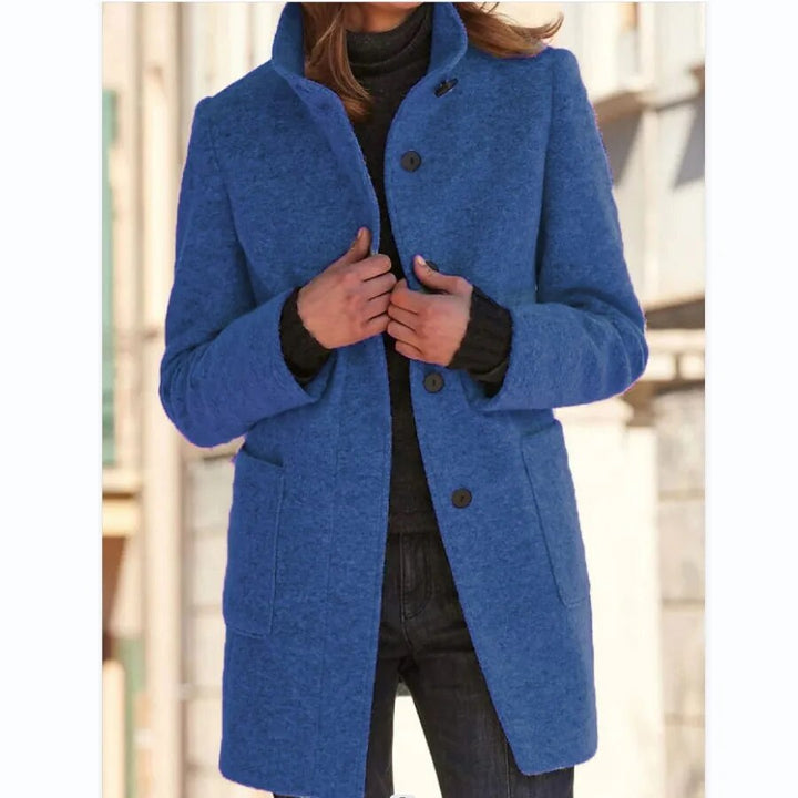 Warm Emma women's winter coat with high collar & button front. Stylish ladies' overcoat for cold weather.