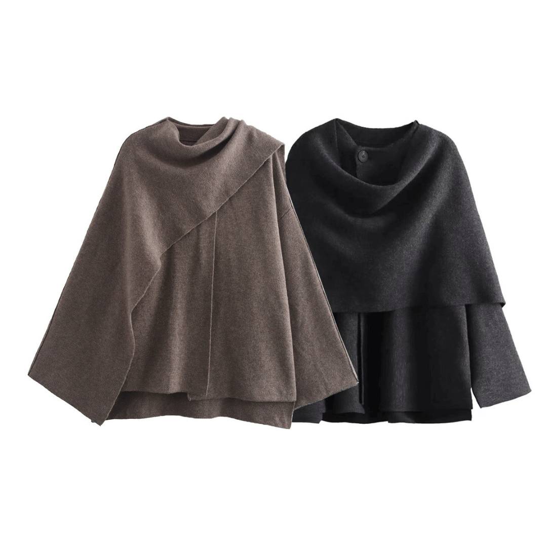 Fashionable asymmetrical winter poncho for women, versatile outerwear for everyday style.