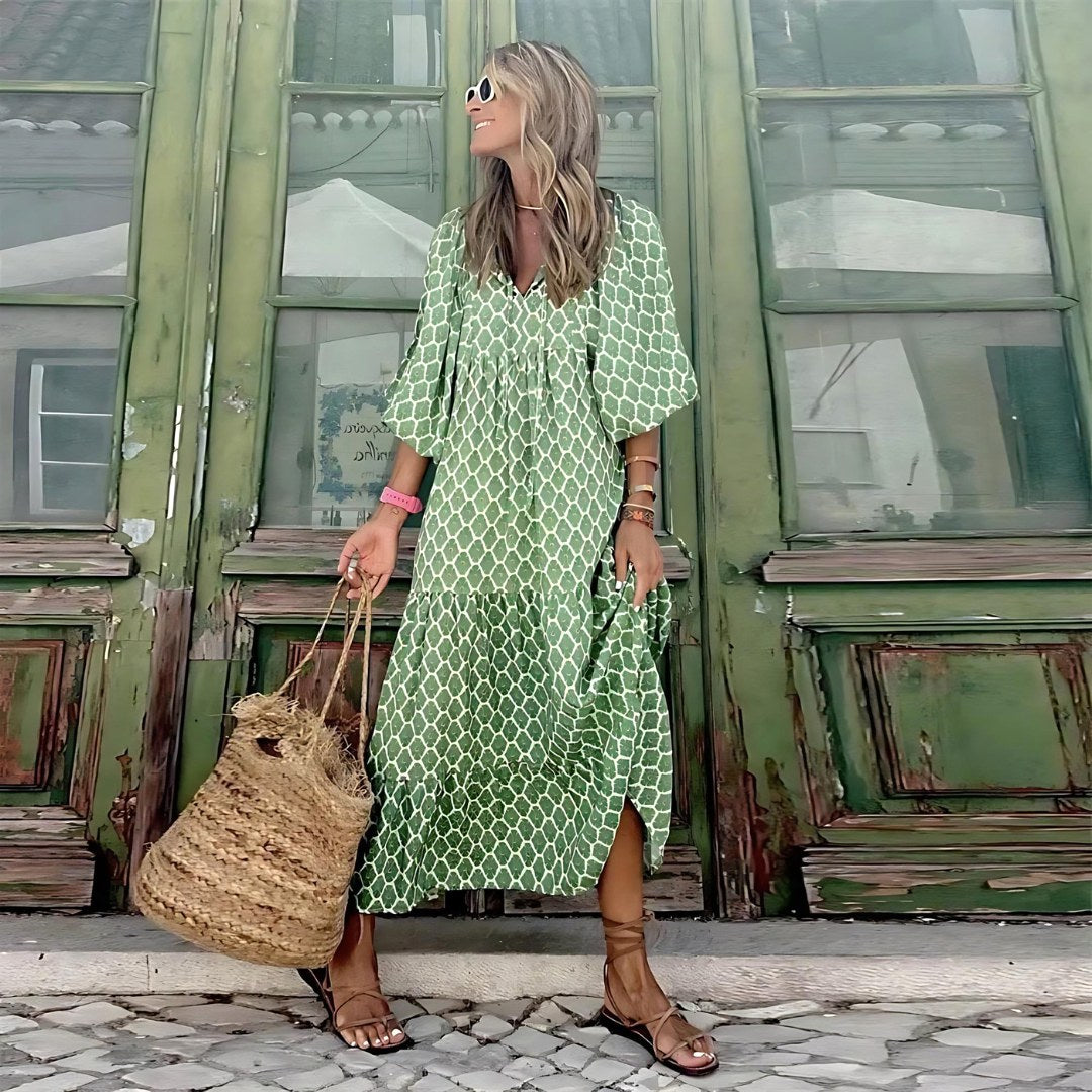 Stylish women's midi dress for spring, lightweight fabric perfect for casual holidays.