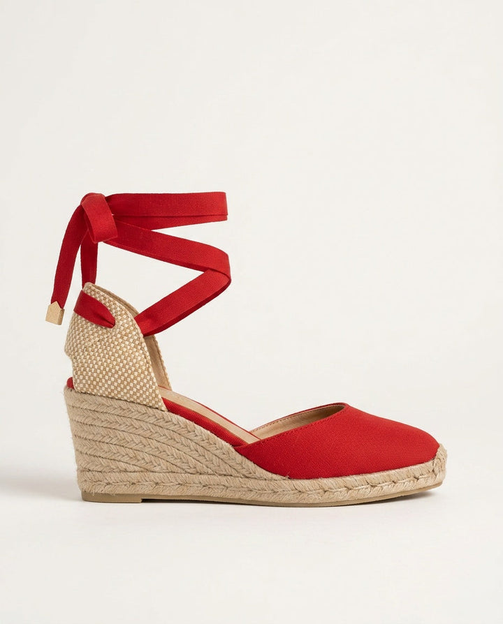 Women's classic ankle-tie espadrille wedge sandals, comfortable summer vacation footwear.