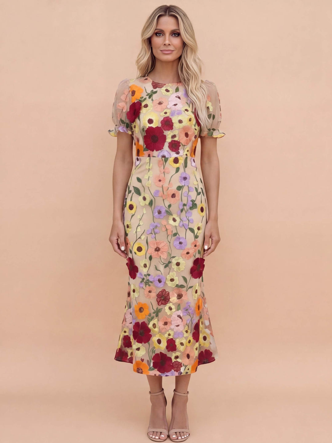 Women's elegant floral applique midi dress with flared skirt, perfect for weddings & garden parties.