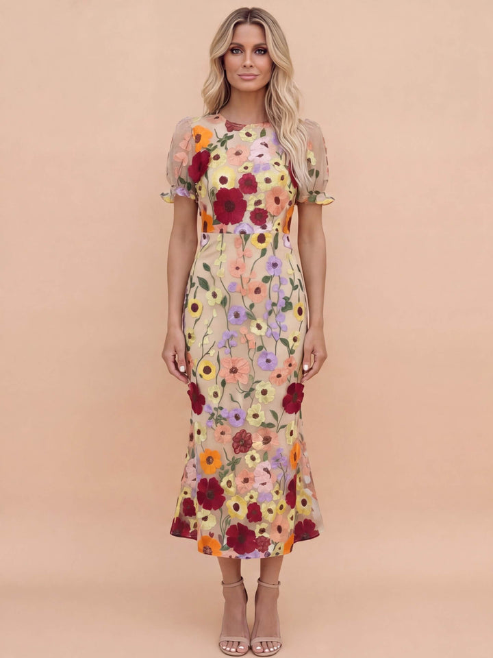 Women's elegant floral applique midi dress with flared skirt, perfect for weddings & garden parties.
