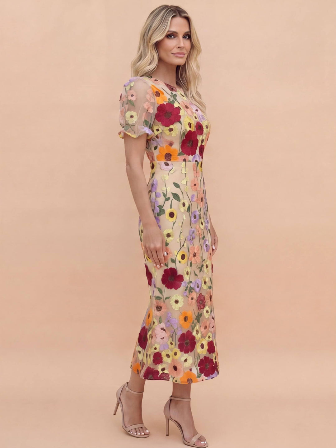 Chic women's floral applique midi dress, ideal for wedding guests, races, or special elegant events.