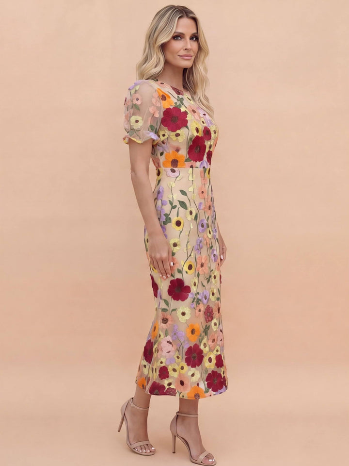Chic women's floral applique midi dress, ideal for wedding guests, races, or special elegant events.