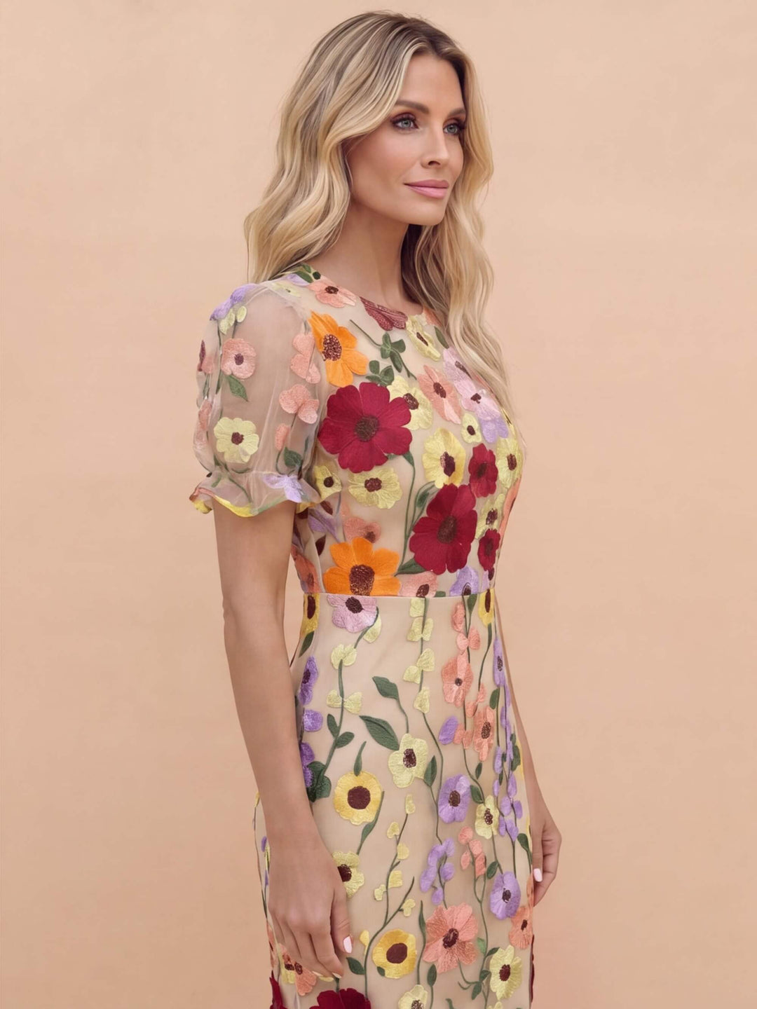 Elegant women's midi dress featuring delicate floral applique & a graceful flared skirt for parties.