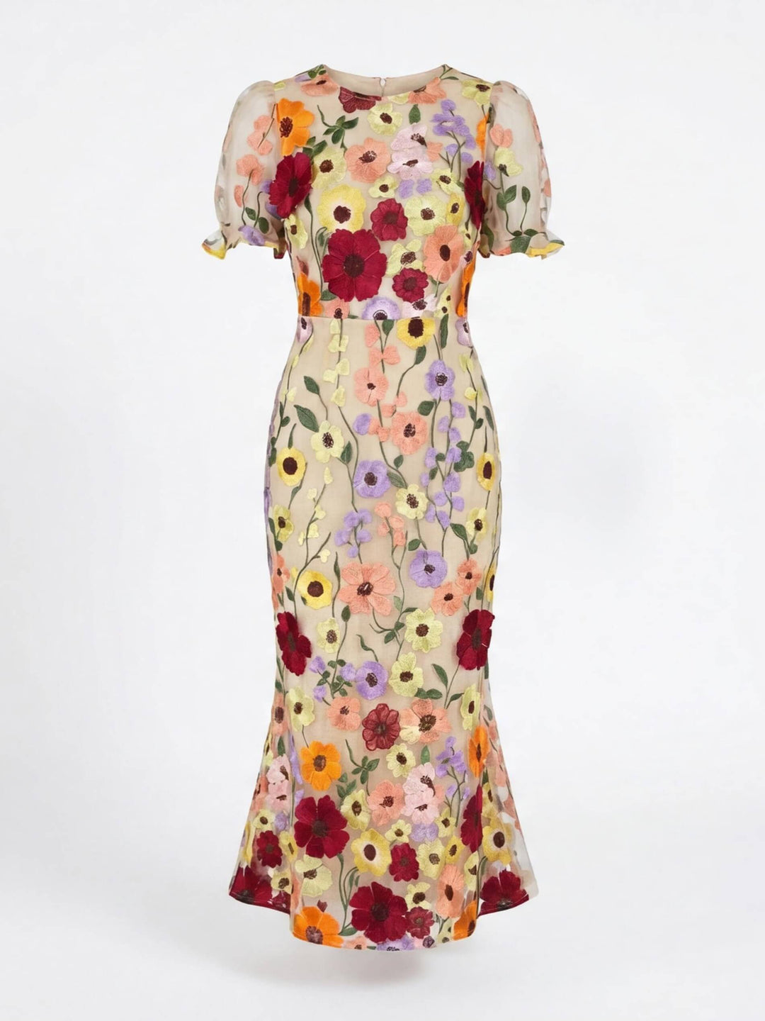 Beautiful summer floral applique midi dress for women, perfect for garden parties & special occasions.